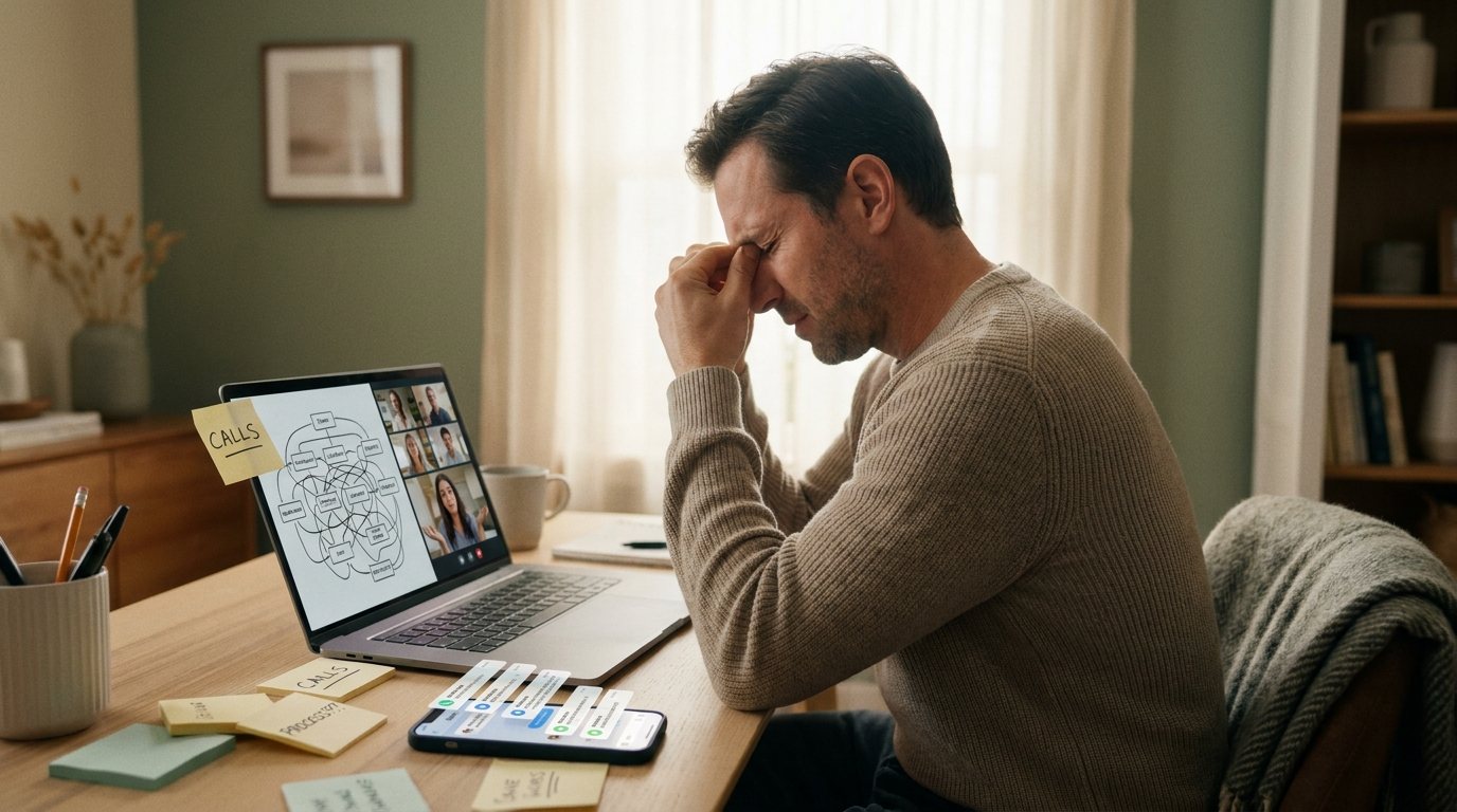 An exhausted founder rubbing his temples at a desk, laptop showing a tangled org chart and a confused assistant on video, phone full of notifications